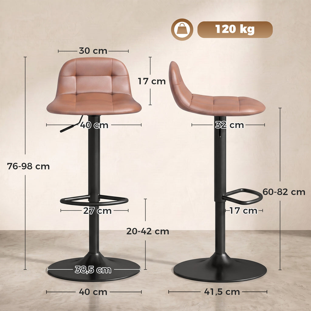 Lot de 2 Tabourets de Bar en Cuir PU, Rétro-Industriel, Hauteur Réglable, Pivotant 360°, 40x41,5x76-98cm, Marron Foncé-2