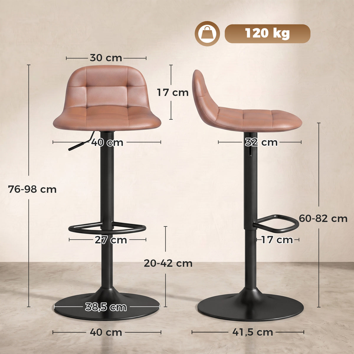 Lot de 2 Tabourets de Bar en Cuir PU, Rétro-Industriel, Hauteur Réglable, Pivotant 360°, 40x41,5x76-98cm, Marron Foncé-2