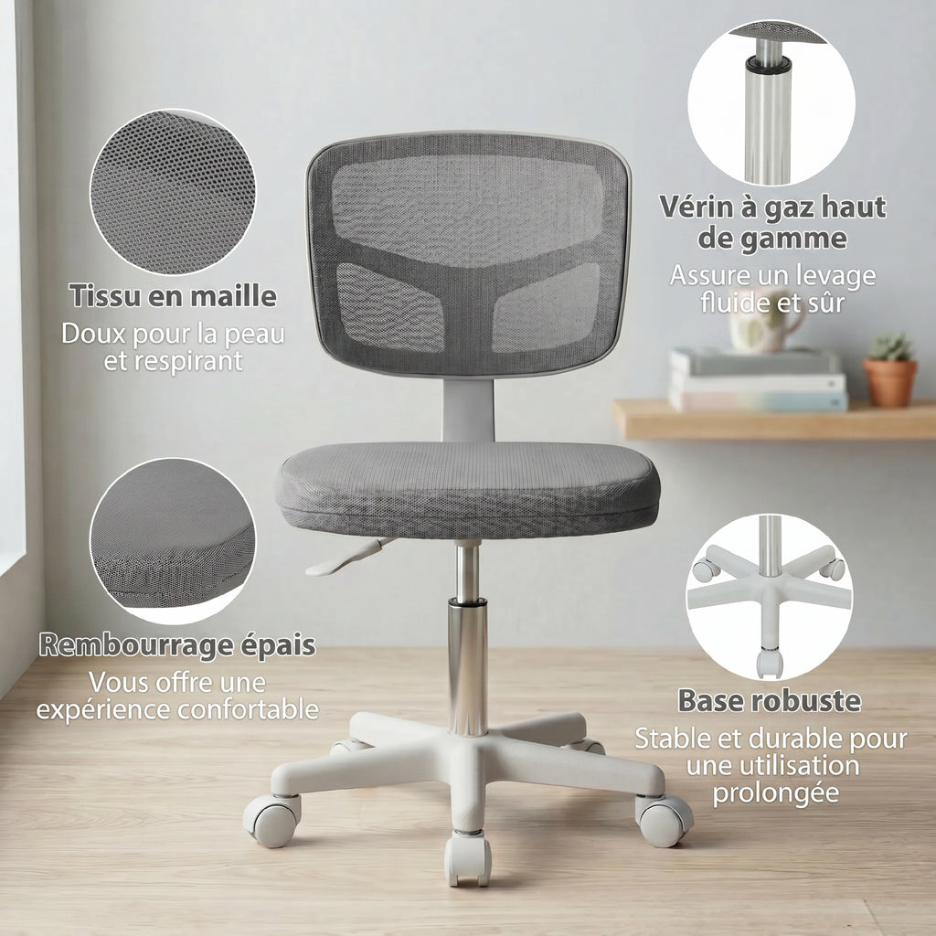 Chaise de Bureau Ergonomique Sans Accoudoirs, Fauteuil de Bureau Pivotant, Dossier Courbé en Maille et Roulettes, Gris-6