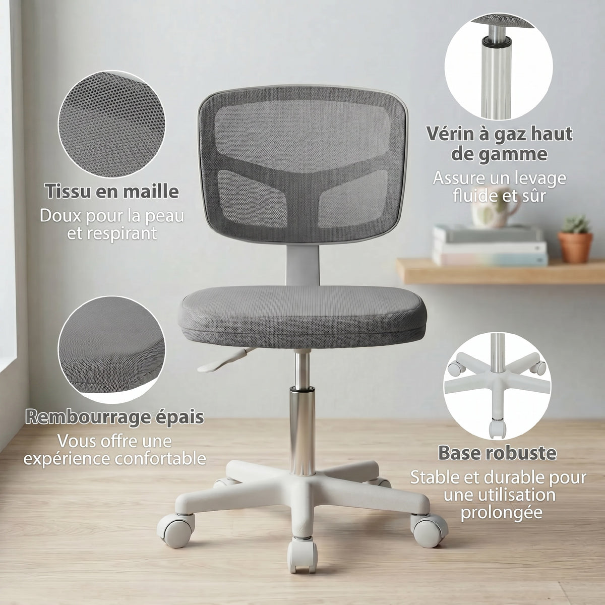 Chaise de Bureau Ergonomique Sans Accoudoirs, Fauteuil de Bureau Pivotant, Dossier Courbé en Maille et Roulettes, Gris-6