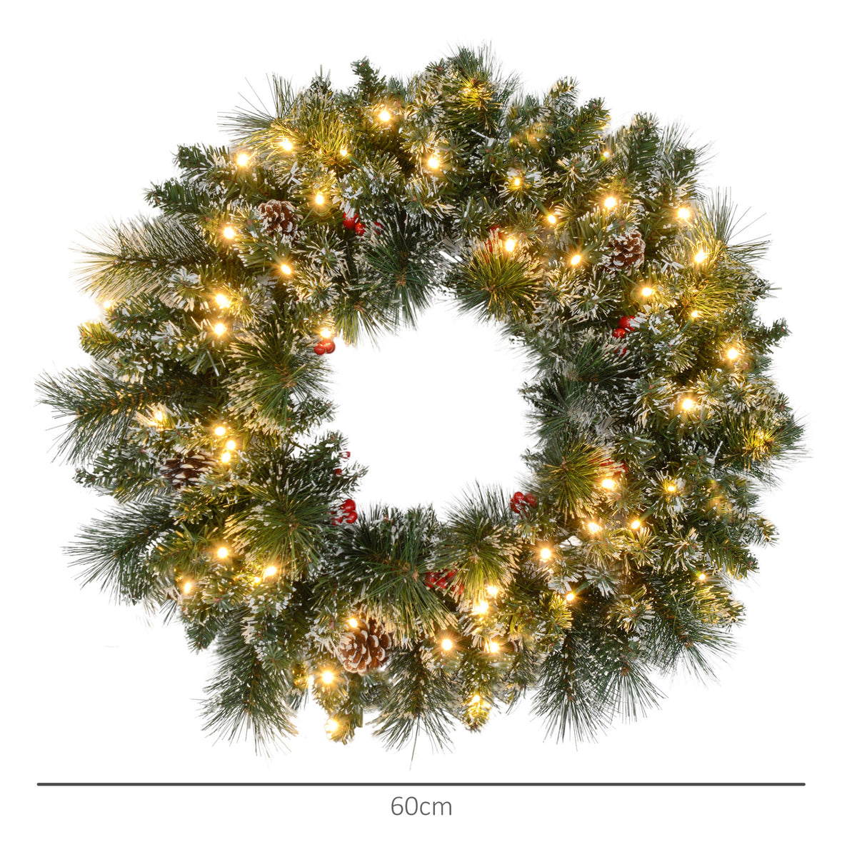 Couronne de Noël porte artificielle 60 CM avec pommes de pin et grappes de baies, lumières LED et minuterie vert-2