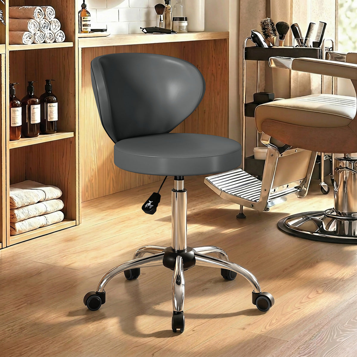 Tabouret à roulettes, tabouret de massage en PU avec hauteur réglable 73-88 cm et dossier, pivotant 360°, gris-1
