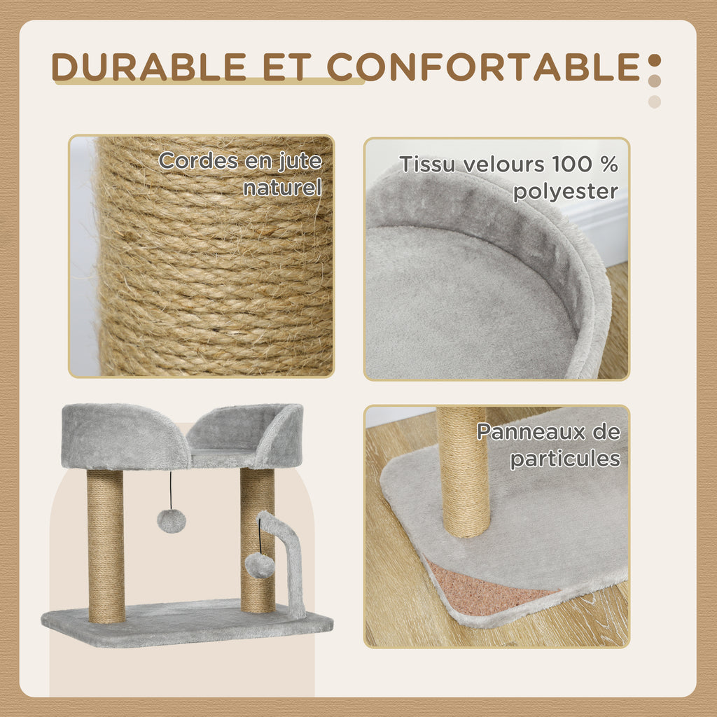 Arbre à chat grattoir design avec jeu 2 pompons suspendus 2 poteaux jute plateforme peluche jute 48 x 38 x 42 cm gris-3