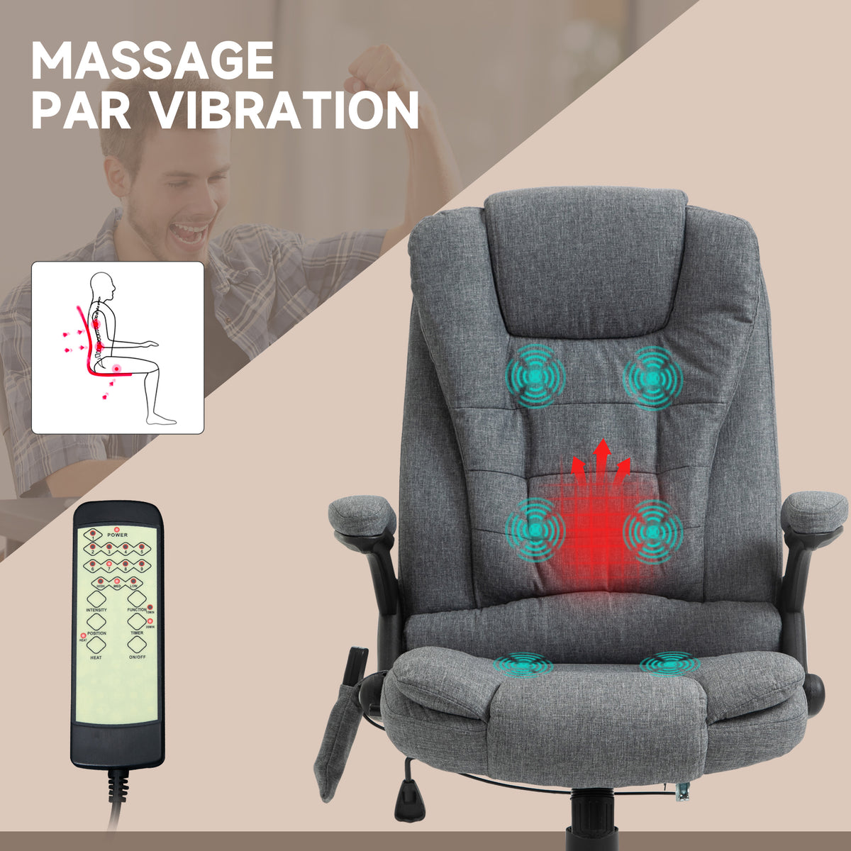 Fauteuil de bureau massant et chauffant, chaise de bureau, chaise ergonomique avec hauteur réglable, dossier inclinable et télécommande filaire, pivotant à 360° tissu en polyester gris chiné-3