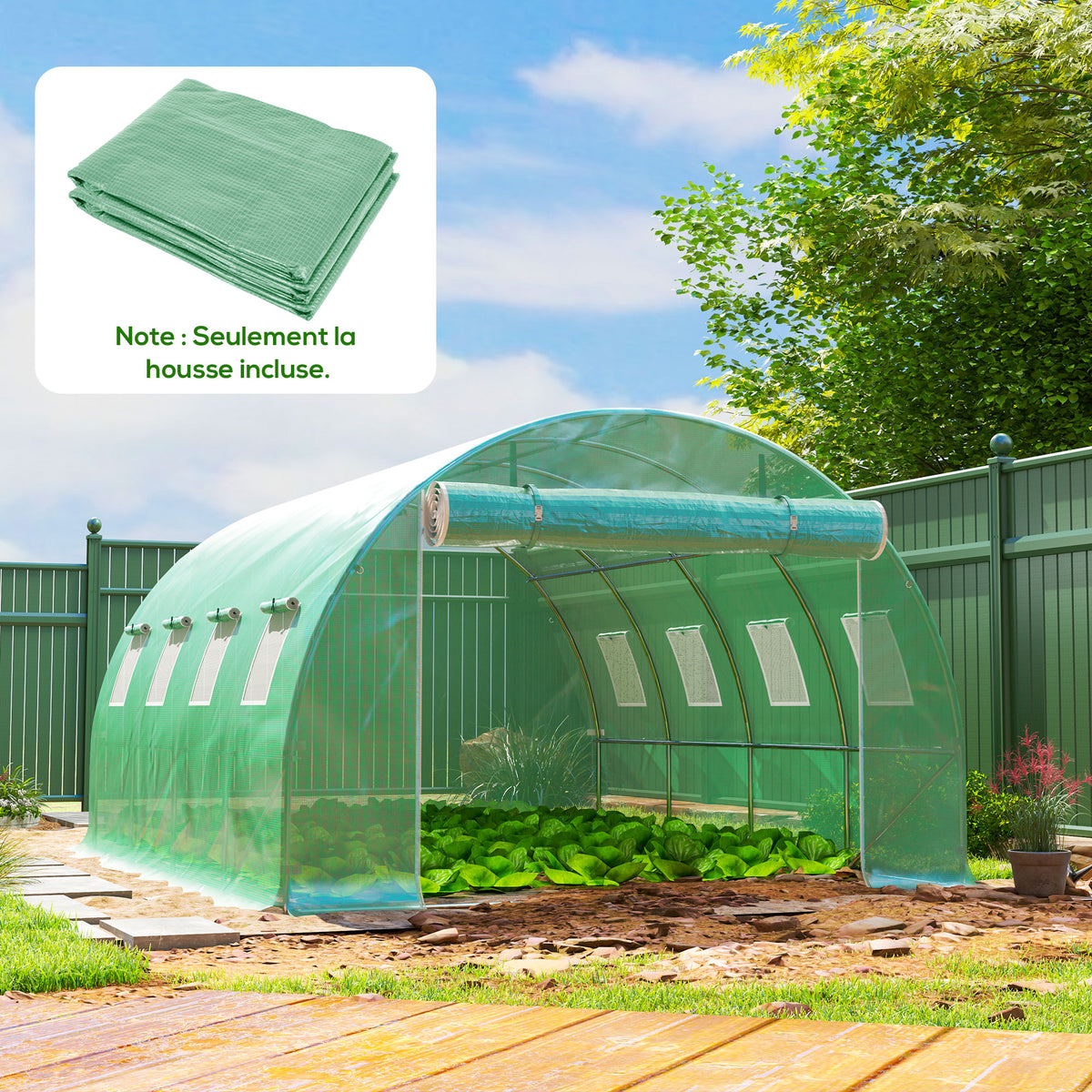 Bâche de rechange serre tunnel 12 m² 4 x 3 x 2 m PE anti-UV imperméable 8 fenêtres + porte enroulable zippée vert-8