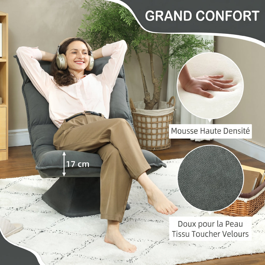 Chaise de sol pivotante à 360°, fauteuil pliable en velours avec dossier réglable 5 positions, 70x62x95cm, gris foncé-5