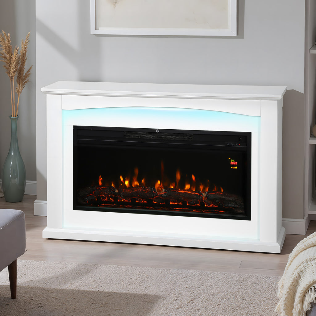 Cheminée électrique 1000W/2000W, fausse cheminée décorative, effet flamme à 5 luminosités réglables, 121x25x77cm, blanc-8