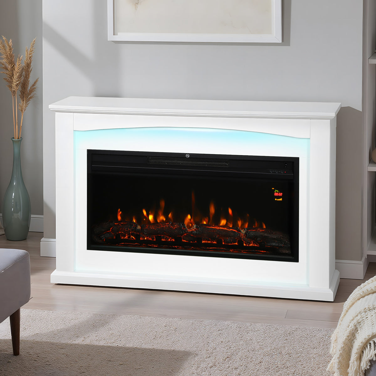 Cheminée électrique 1000W/2000W, fausse cheminée décorative, effet flamme à 5 luminosités réglables, 121x25x77cm, blanc-8