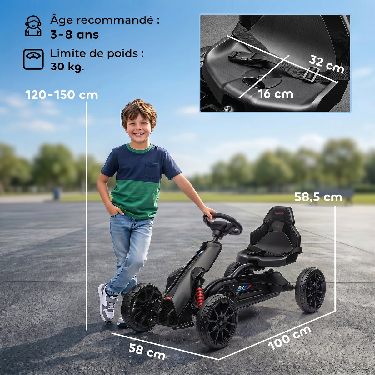 Kart à pédales pour enfants avec siège ajustable 4 positions et roues en EVA 100 x 58 x 58,5 cm noir-2