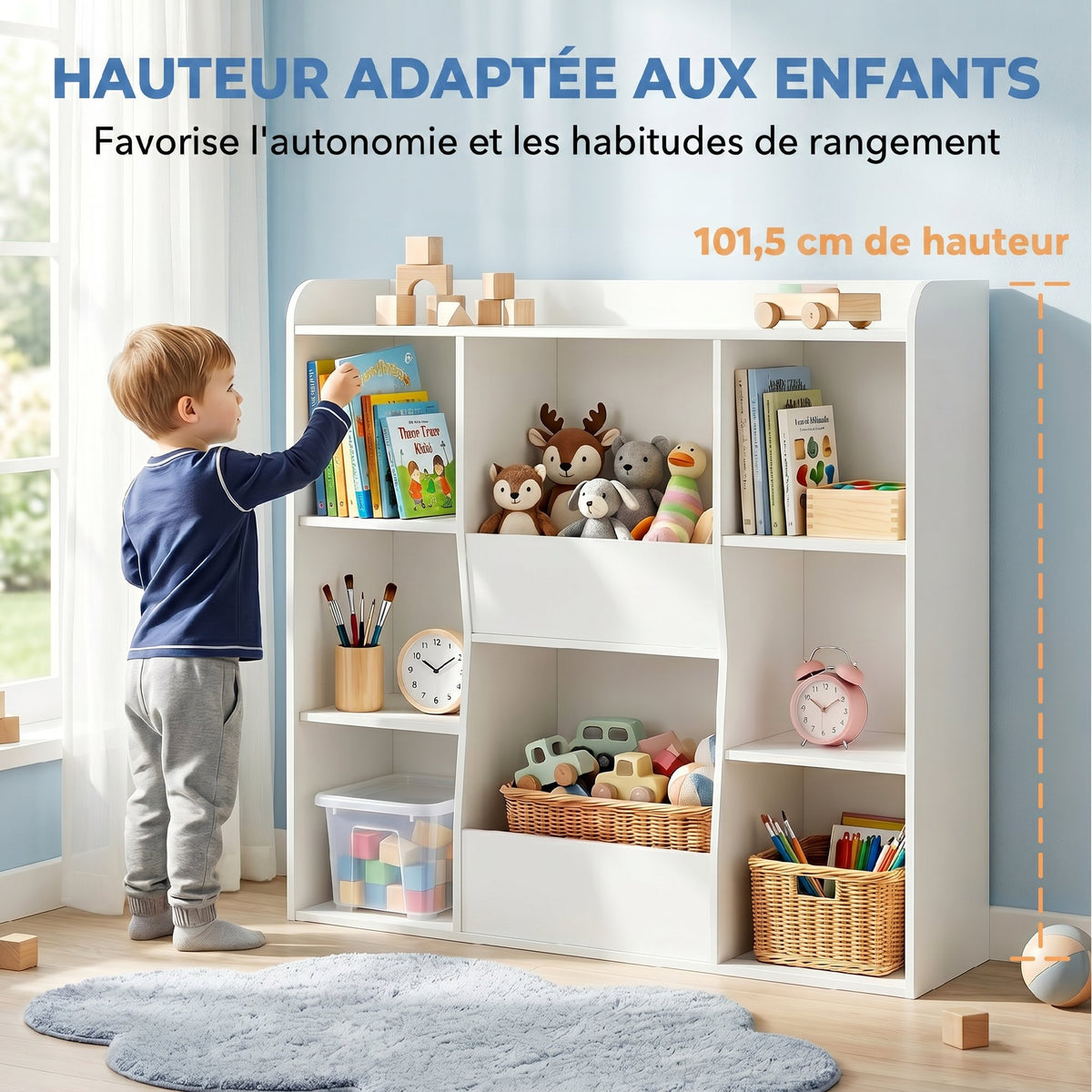 Meuble rangement enfant, bibliothèque enfants avec 8 compartiments et étagère supérieure, 104 x 29 x 101,5 cm, blanc-4