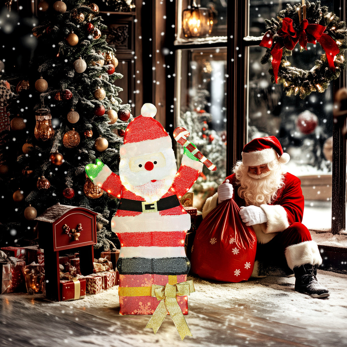 Père Noël lumineux de 90 cm avec 97 LED blanc chaud, décoration de Noël pour intérieur et extérieur-1