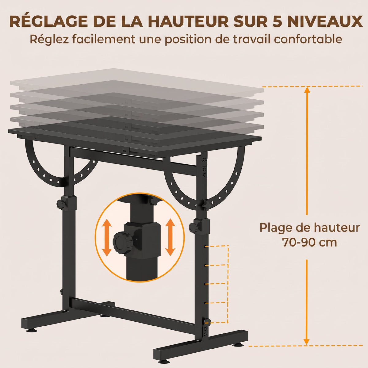 Table à Dessin Inclinable 0°-85°, Bureau à Dessin Réglable en Hauteur avec Rebord Antidérapant, Cadre en Acier, Noir-4