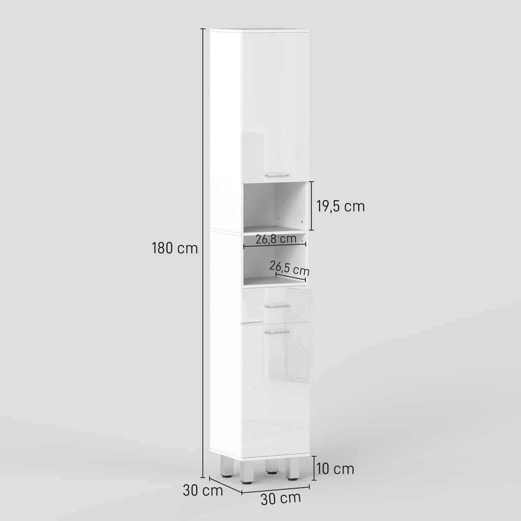 Meuble colonne salle de bain avec étagères réglables et compartiments ouverts, 30x30x180cm, blanc brillant-2
