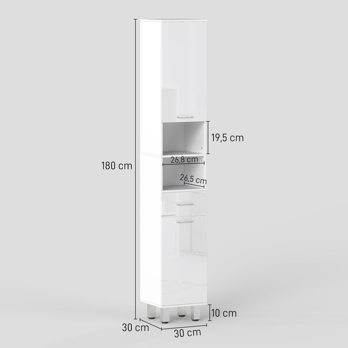 Meuble colonne salle de bain avec étagères réglables et compartiments ouverts, 30x30x180cm, blanc brillant-2