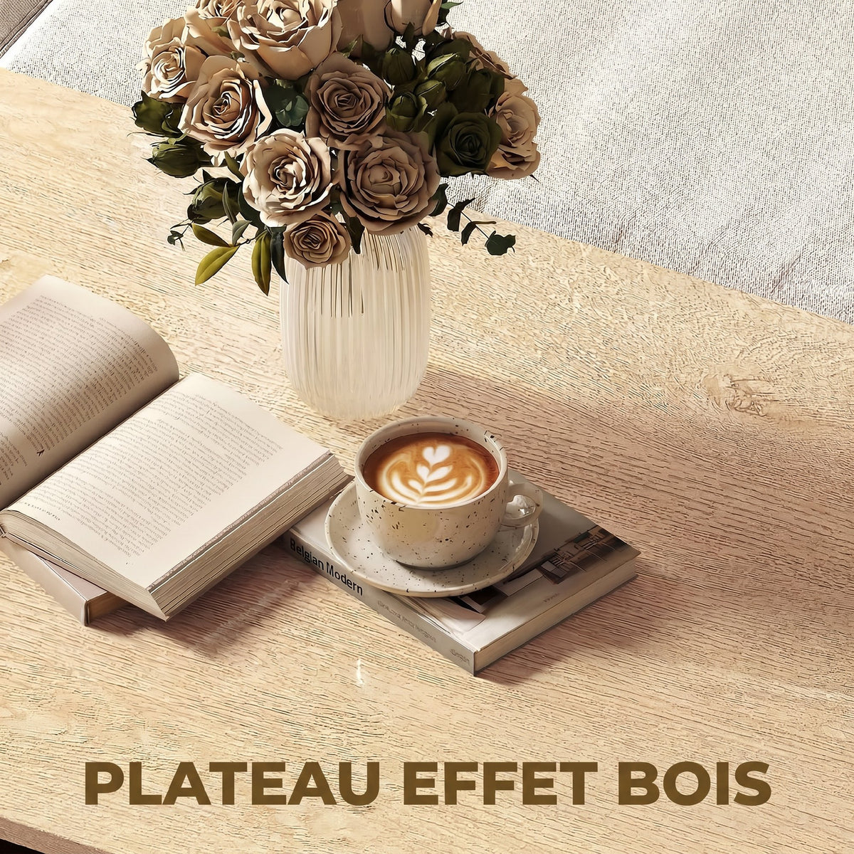 Table Basse Moderne Bicolore à Niveaux Décalés avec Étagère de Rangement, 95 x 55 x 50 cm, Bois Naturel et Noir-3