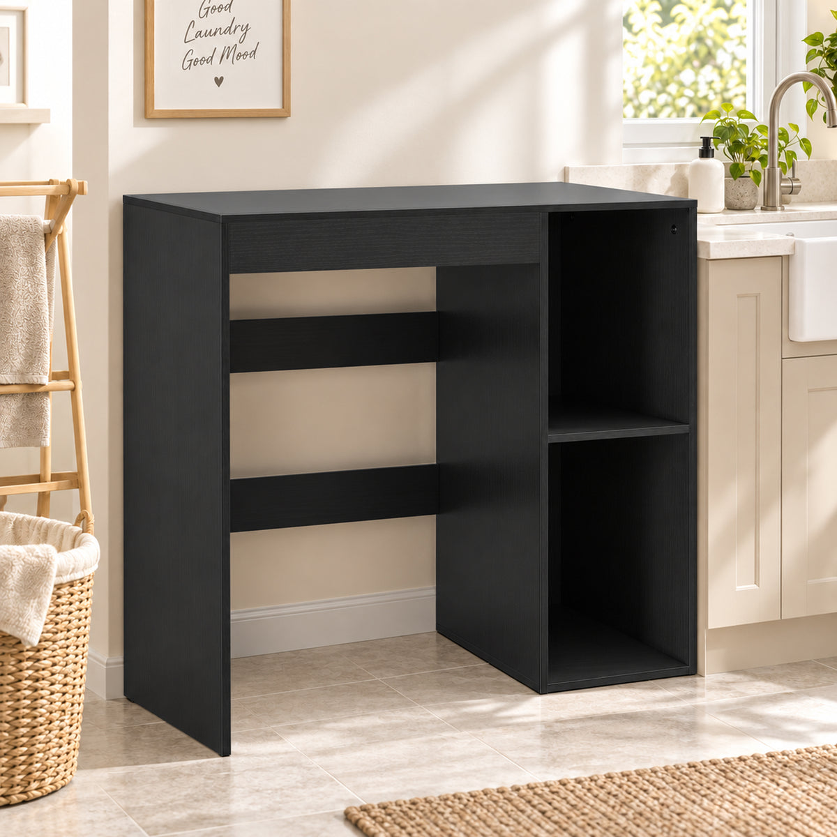 Meuble machine à laver, armoire machine a laver et sèche-linge avec 2 compartiments ouverts, 96 x 60 x 90,5 cm, noir-1