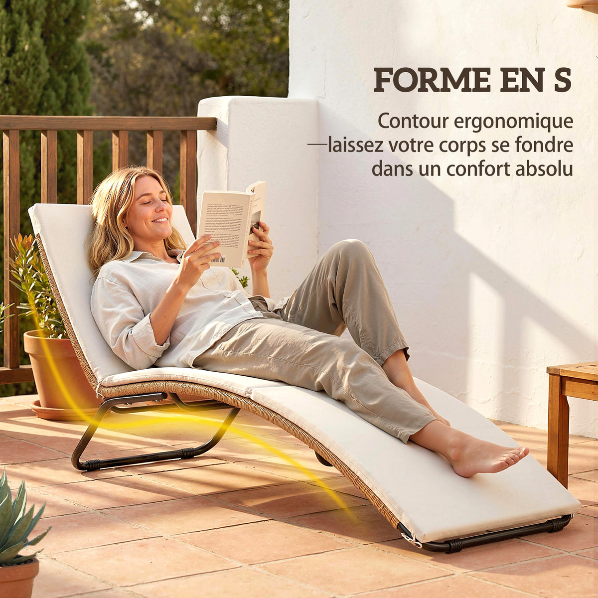 Bain de soleil en résine tressée transat de jardin design en S courbe naturelle structure robuste acier coussin crème-3