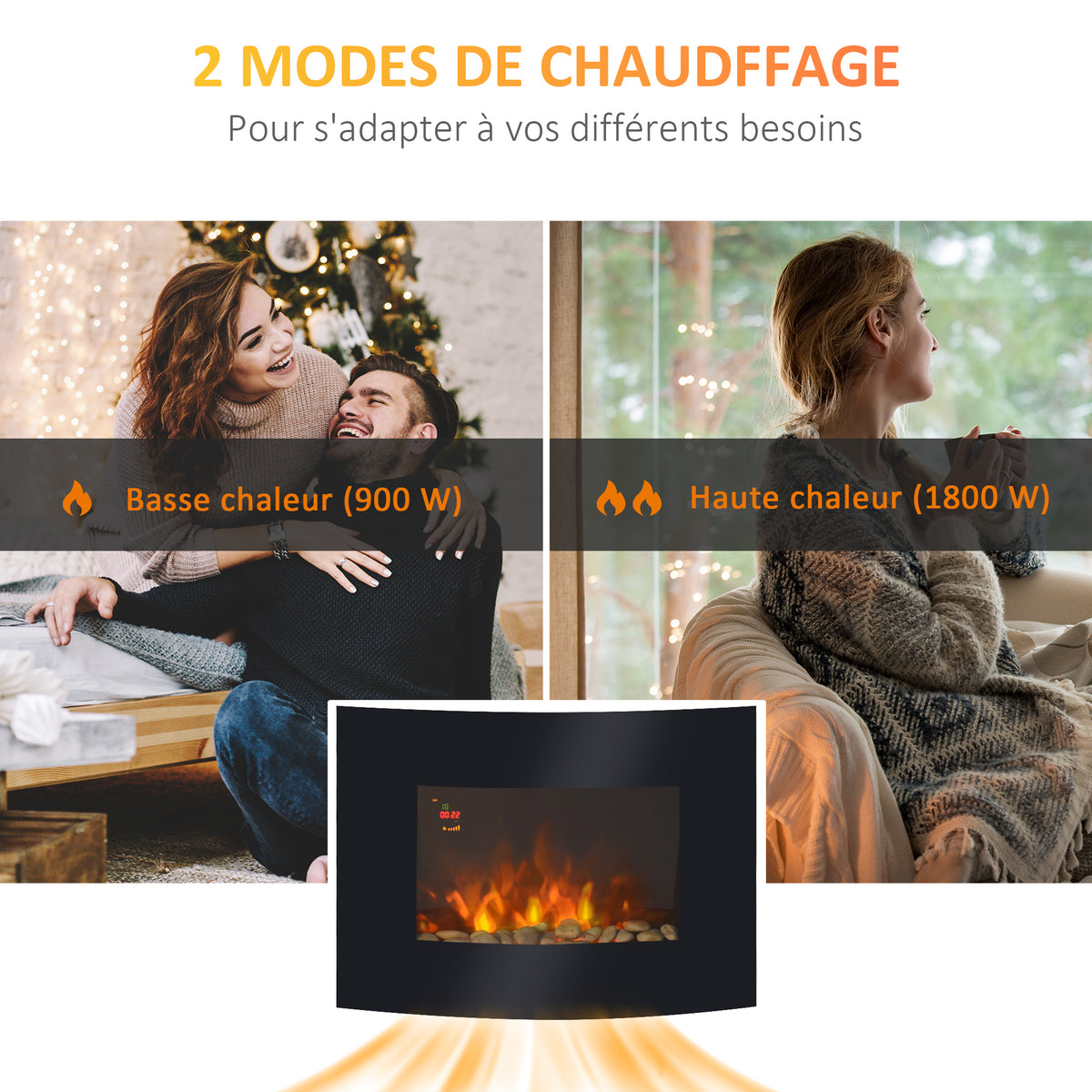 Cheminée électrique Murale éclairages latéraux LED Design Avant-gardiste Affichage LED avec télécommande et minuterie 900/1800 W luminosité réglable Noir-3