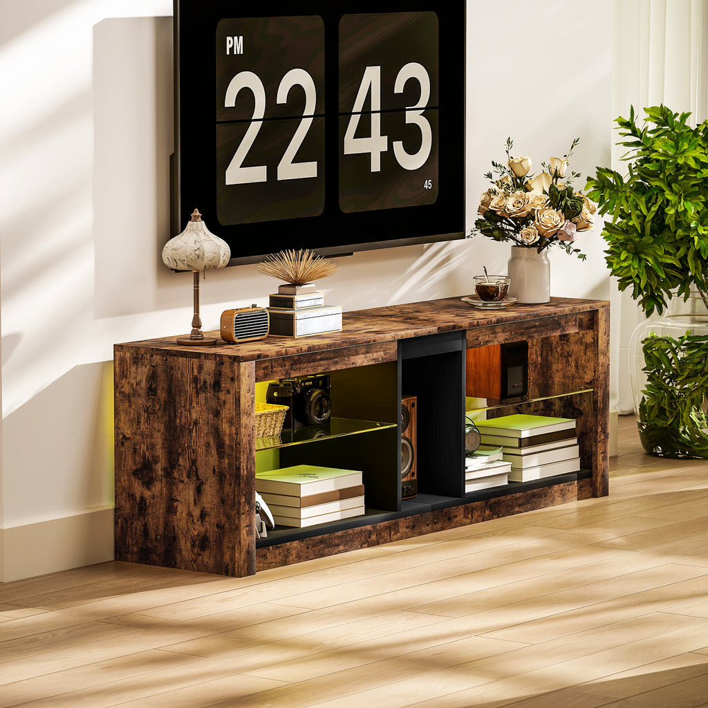 Meuble TV avec lumières LED et télécommande, étagères et compartiments ouvert, 140x35x47cm, marron-7