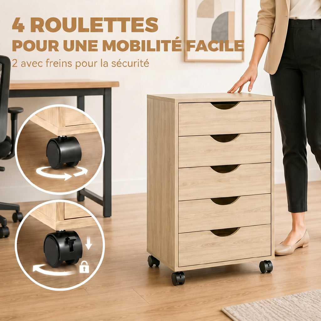 Caisson bureau mobile, meuble rangement sur roulettes avec 5 tiroirs, bois, 40 x 40 x 67 cm, chêne-4