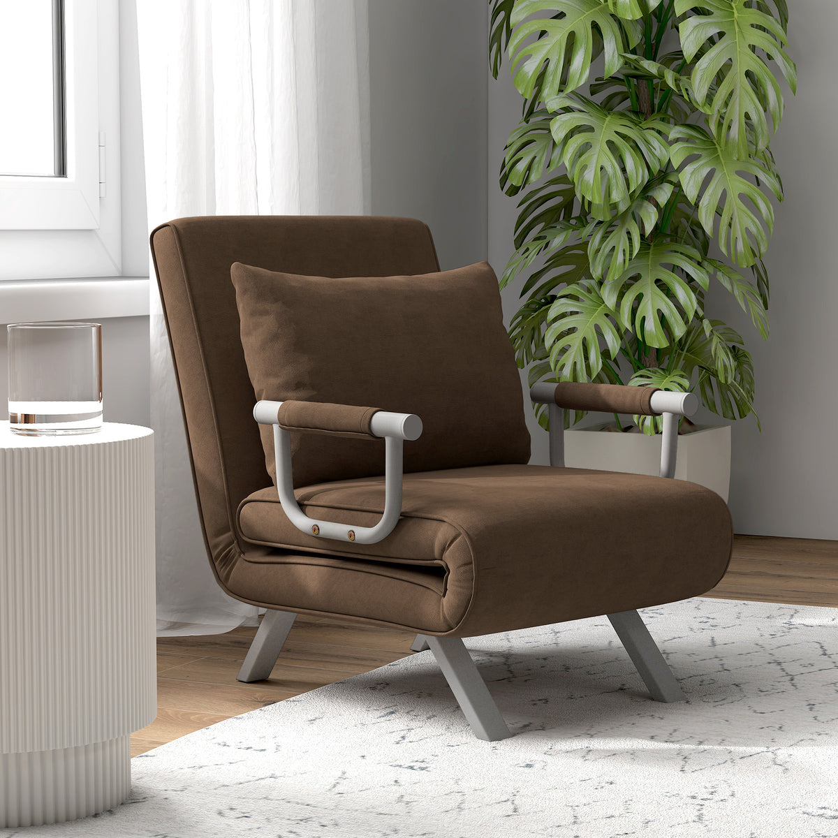 Fauteuil chauffeuse canapé-lit Convertible 1 Place déhoussable Grand Confort Coussin Pieds accoudoirs métal suède Marron-1