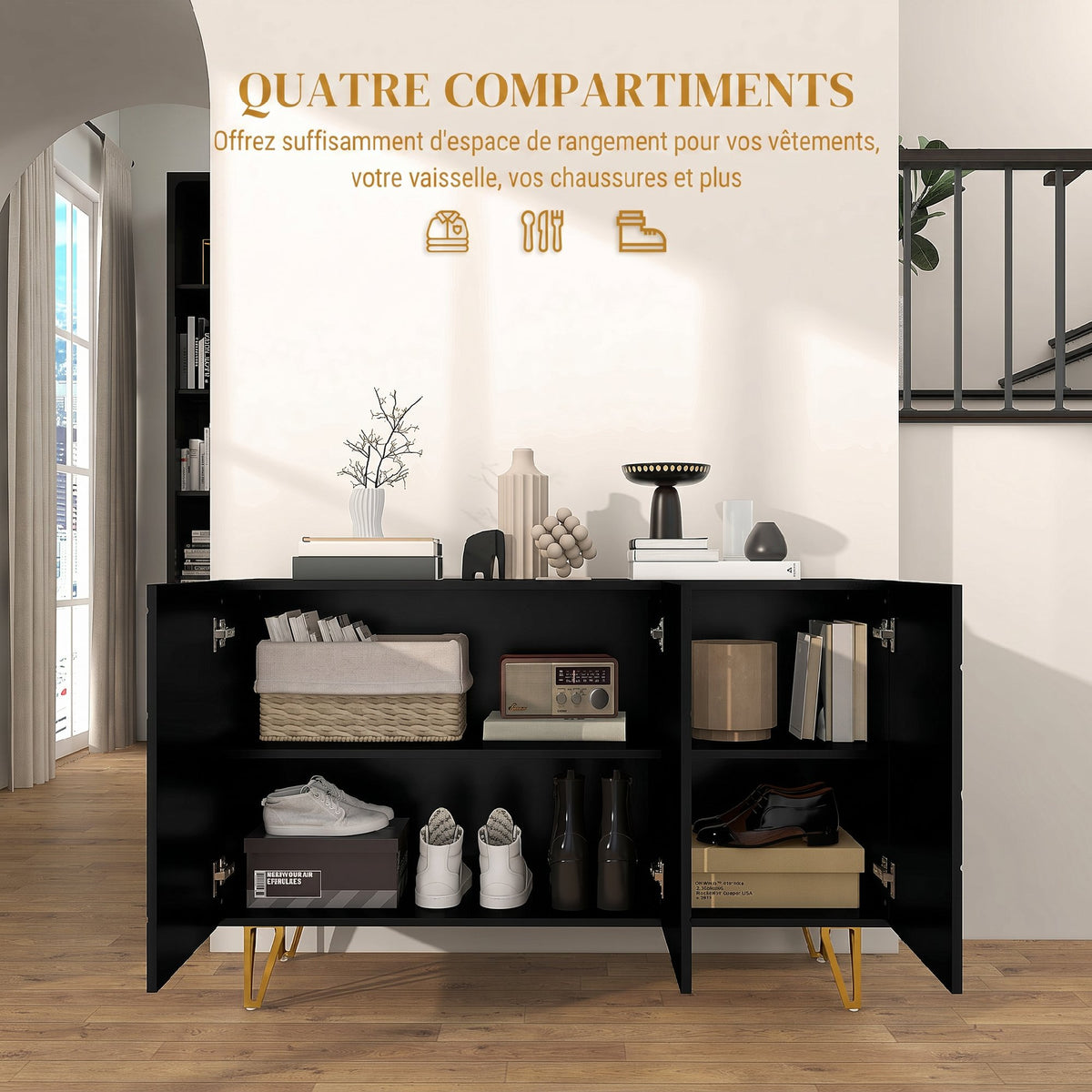 Buffet Salon, Meuble de Rangement à Haut Brillance, 3 Portes à Fermeture Douce et Étagères Réglables, 120x40x75cm, Noir-4