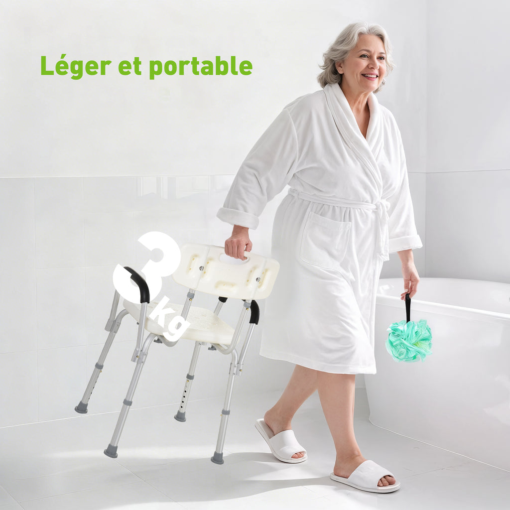 Chaise de Douche siège de Douche Ergonomique Hauteur réglable Pieds antidérapants Dossier accoudoirs Amovibles Charge Max. 136 Kg alu HDPE Blanc-6