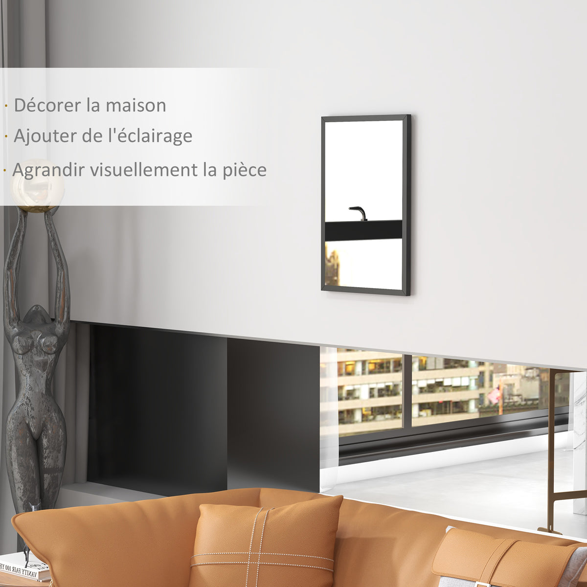 Miroir mural rectangulaire 60 x 40 cm, cadre en bois noir, idéal pour la salle de bain, salon ou chambre-3