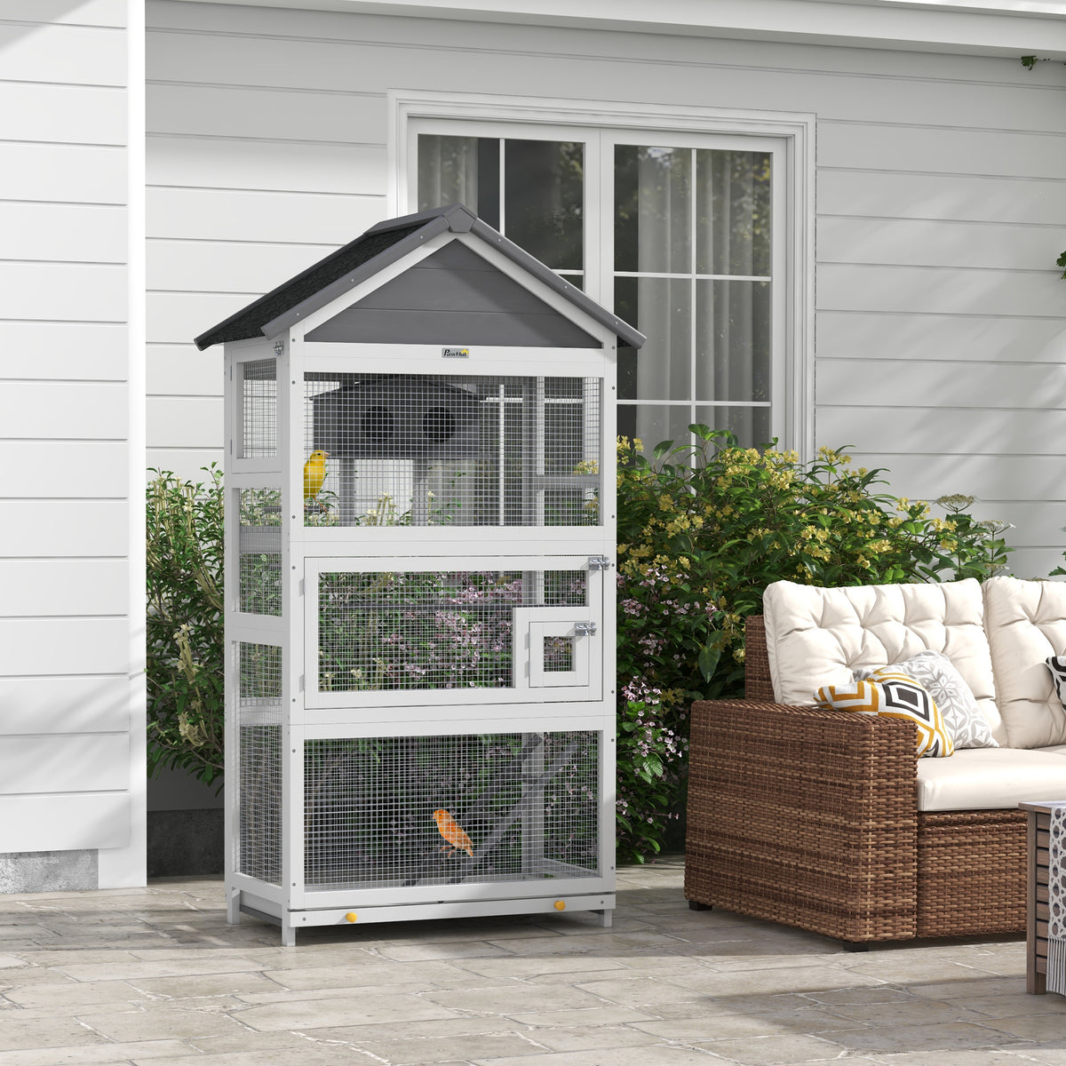 Cage à oiseaux en bois cage perroquet aire de jeux toit asphalte imperméable 92 x 52 x 171 cm gris-1