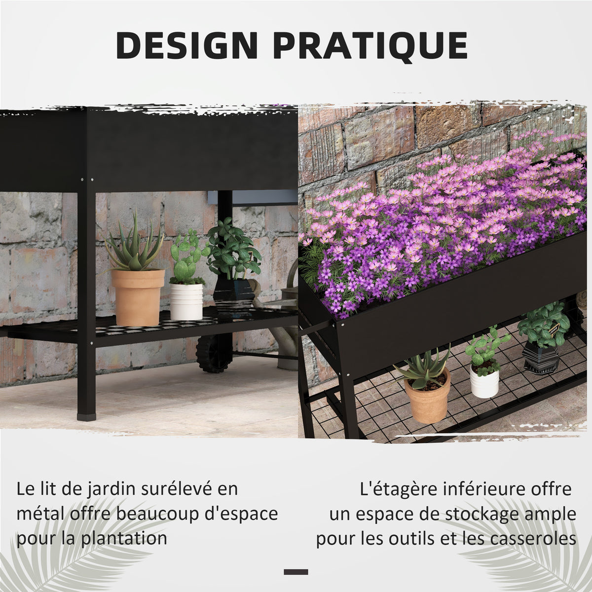 Jardinière sur Pieds Potager dim. 109L x 39l x 80H cm étagère 2 Roues + Insert d'irrigation métal Noir-4