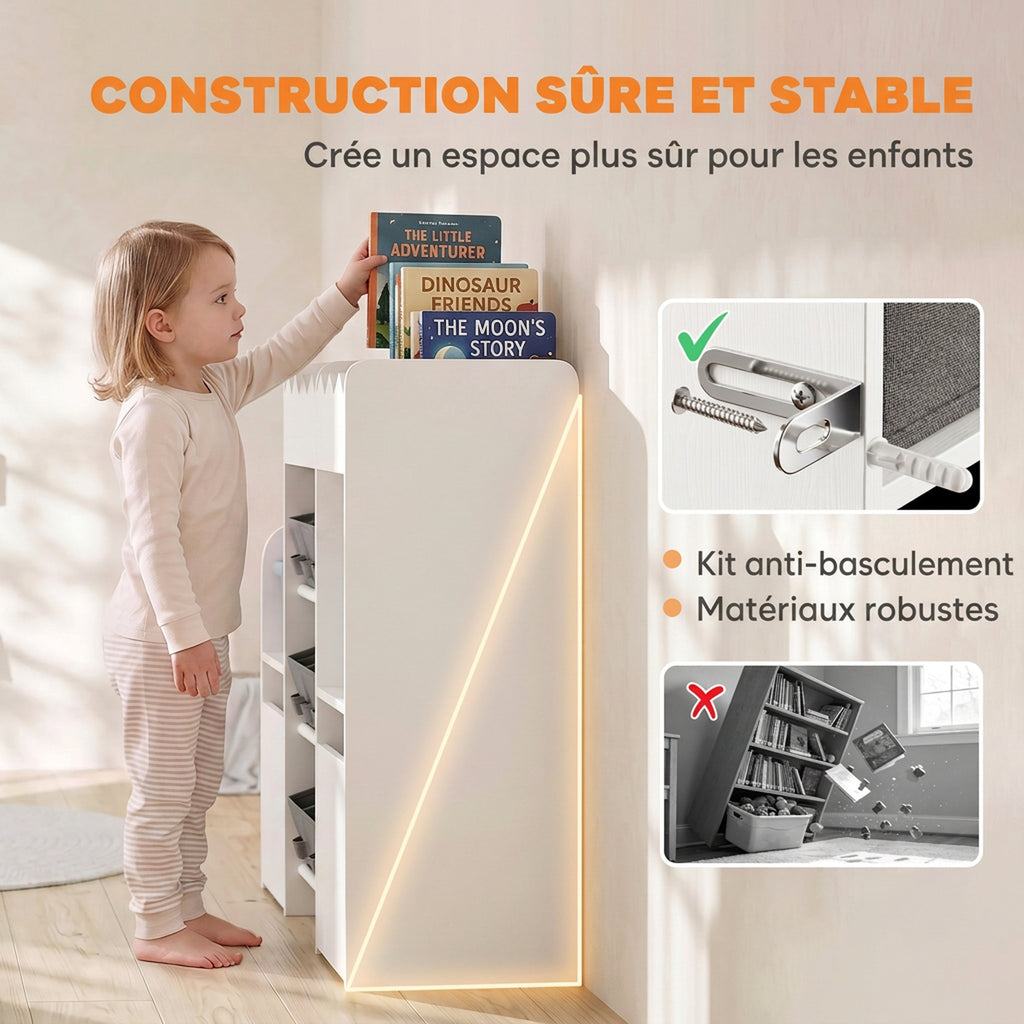 Meuble de rangement jouets enfant avec bibliothèque, 8 bacs en tissu, 2 tiroirs à roulettes et étagères ouvertes, blanc-6