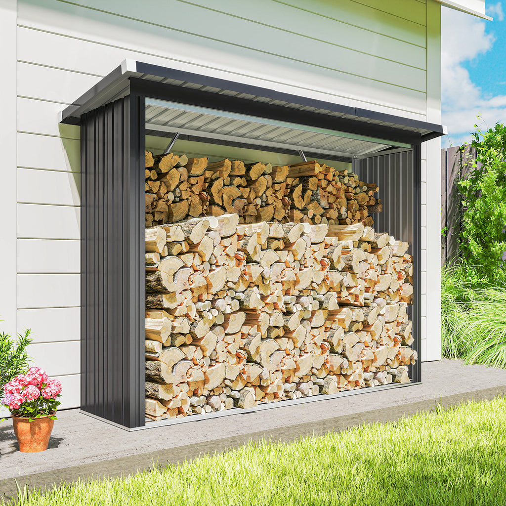 Abri-bûches couvert support pour bois de chauffage plancher surélevé toit incliné, acier galvanisé 213x66,5x150cm gris-7