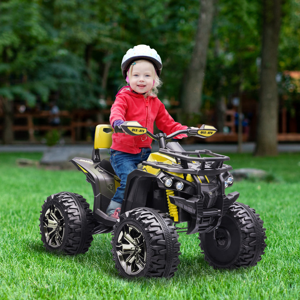 Quad Buggy électrique Enfant 12 V 8 Km/h Max. Voiture électrique Enfant avec Effets Lumineux sonores Selle avec Dossier Porte-Bagage Avant métal PP Jaune Noir-1