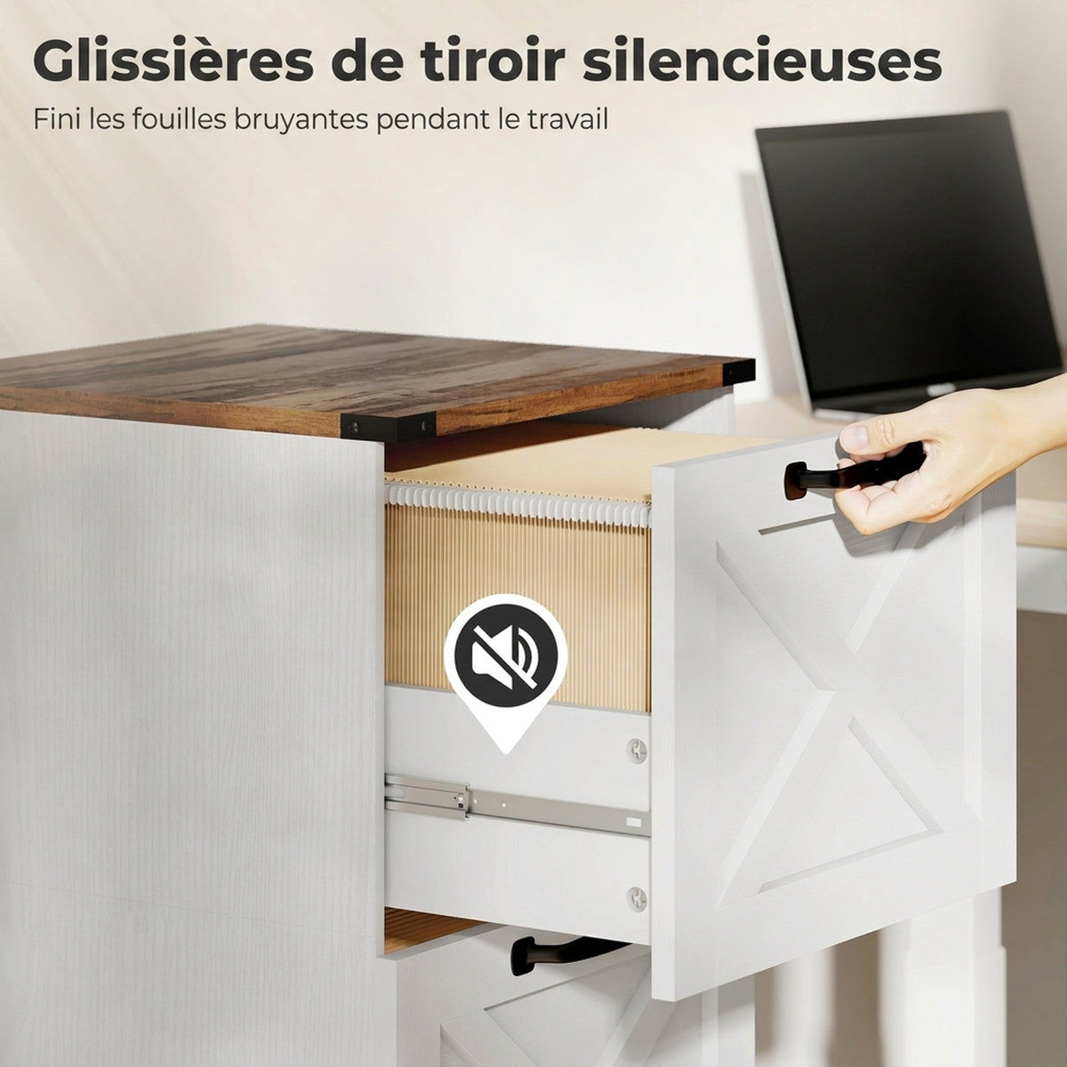 Caisson de Bureau avec 4 Tiroirs, Dossiers Suspendus pour Formats Lettre/A4, Style Rustique, 40x40x131cm, Blanc-6