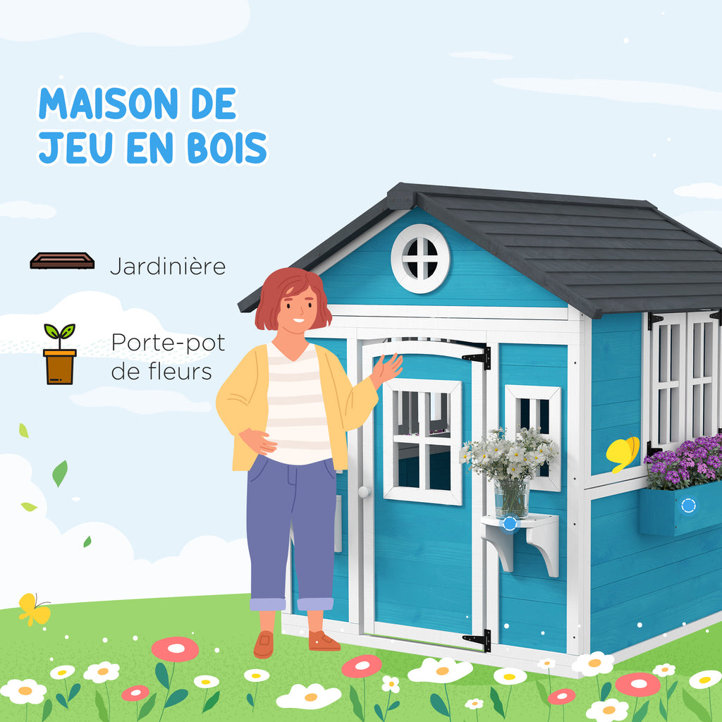 Cabane enfant extérieur maison enfant extérieure avec porte fenêtres et jardinières 114 x 126,4 x 135 cm bleu-3