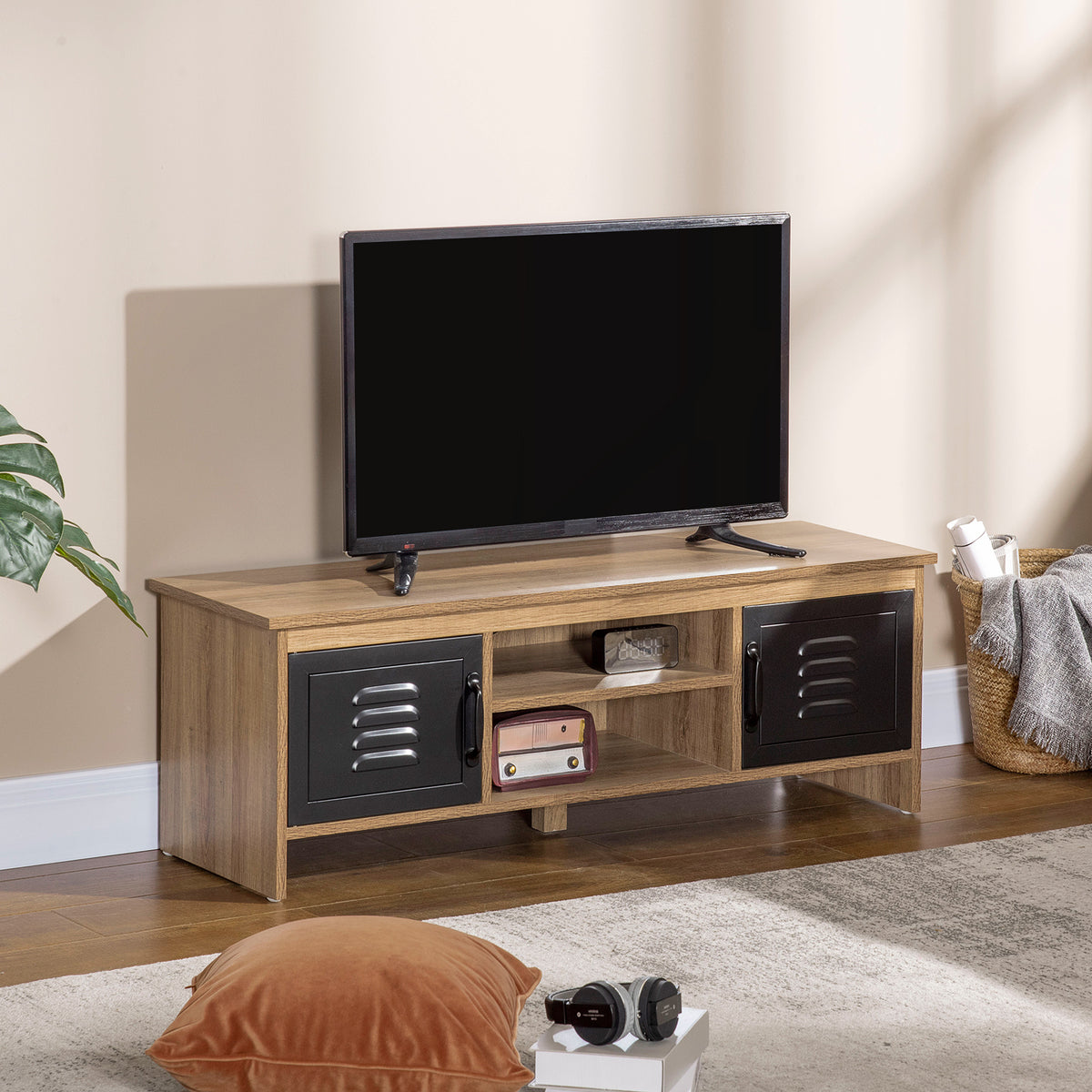 Meuble TV Banc TV 110 cm Design Industriel, avec 2 placards, 2 niches, 2 Passe-Fils, Aspect Bois veinage Portes métal Noir-9