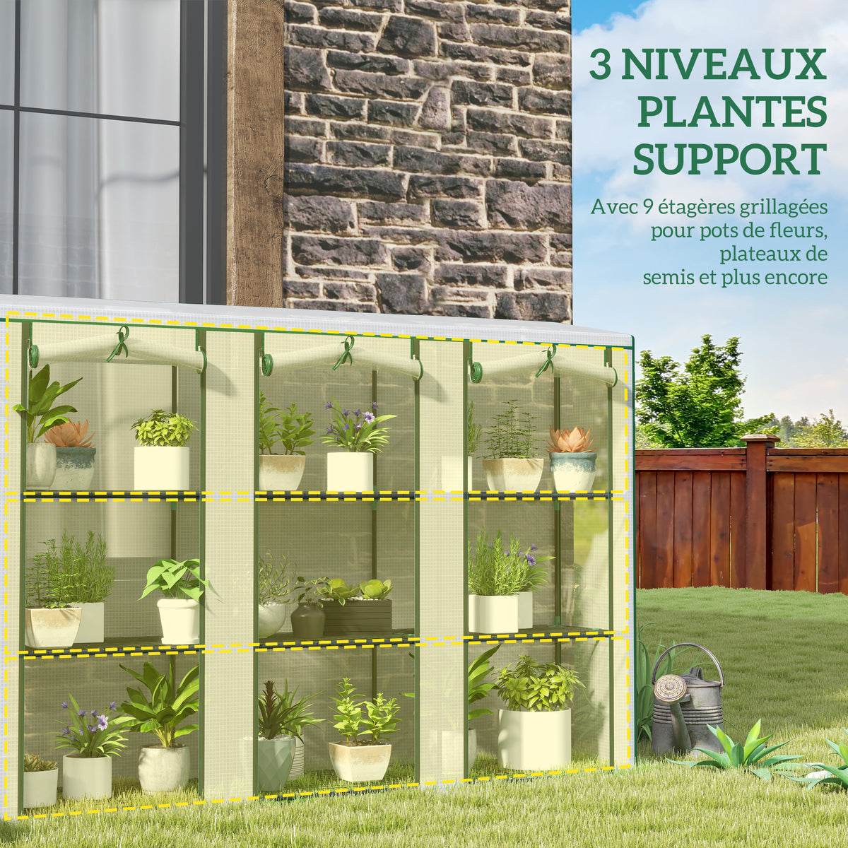 Serre de jardin avec étagères à 3 niveaux serre de balcon 3 portes enroulables zippées 215 x 46 x 151 cm blanc-4