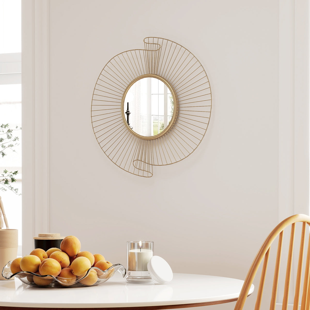 Miroir décoratif rond 60 cm avec fixation à 360°, décoration murale en métal moderne avec détails plissés, doré-9