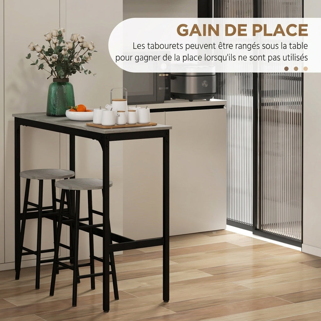 Ensemble table haute de bar + 2 tabourets structure en acier plateau aspect effet bois gris 2 personnes noir-4