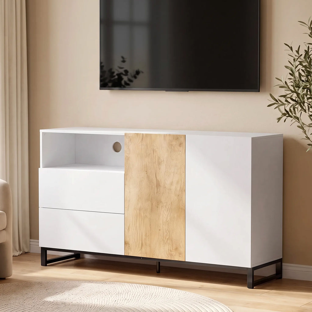 Buffet salon, meuble de rangement avec 2 portes à fermeture douce, 2 tiroirs et étagère réglable, blanc et chêne-1