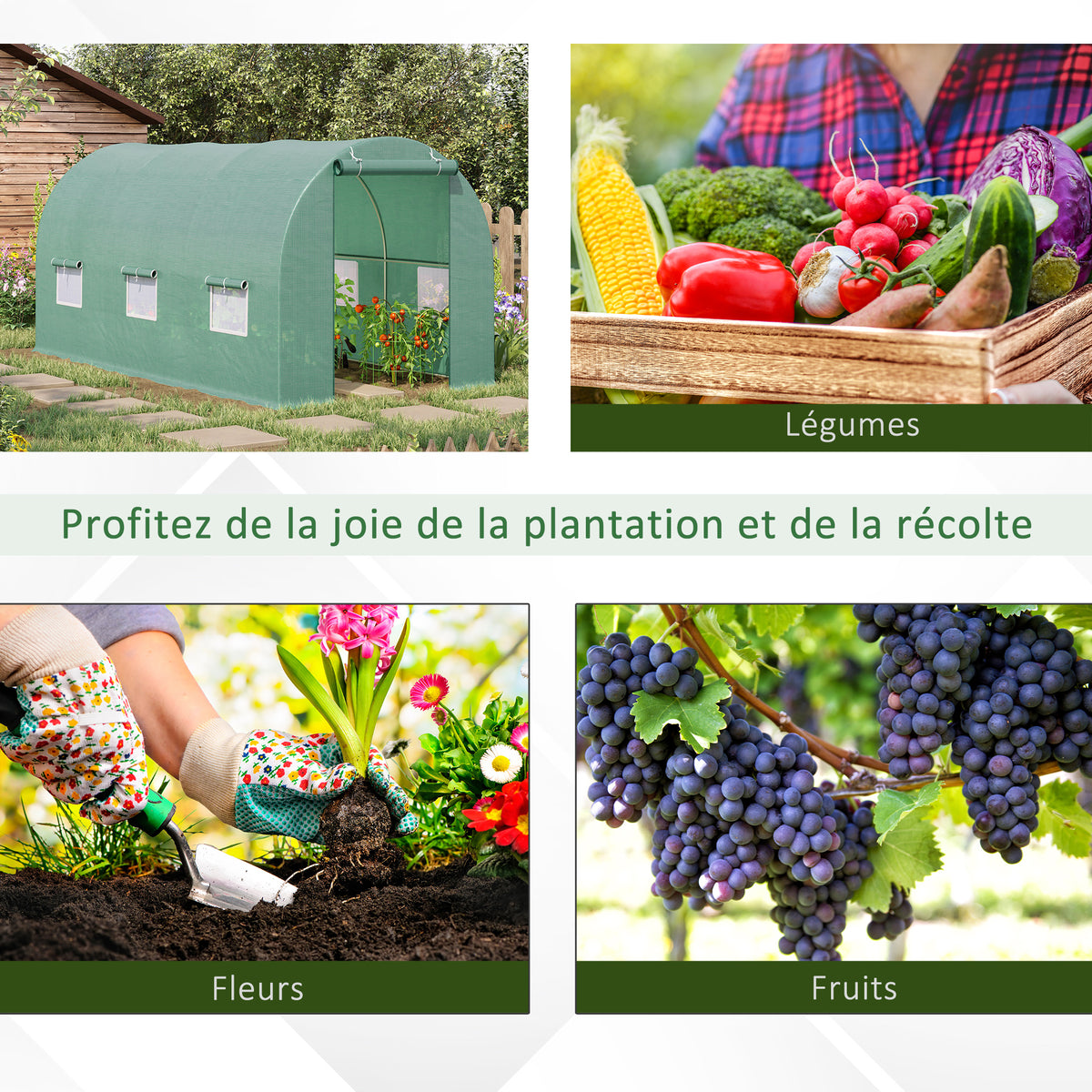 Serre de Jardin Tunnel 4,5L x 2l x 2H m châssis Tubulaire Acier galvanisé renforcé 1,8 cm 6 fenêtres 1 Porte-6