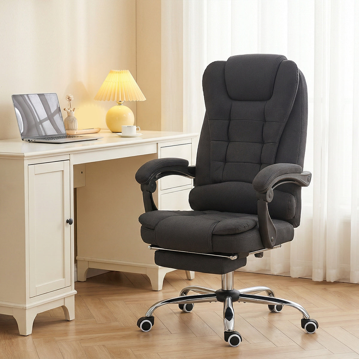Fauteuil de bureau direction massant chauffant hauteur réglable dossier inclinable toile de lin noir-1