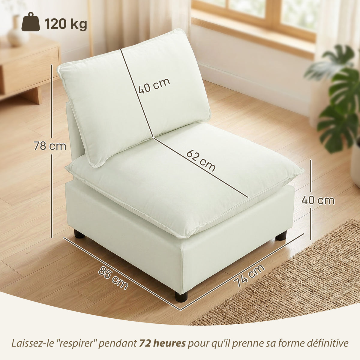 Fauteuil de salon, canapé 1 place moderne sans accoudoirs avec assise large, coussins épais, 146x85x78cm, crème-2