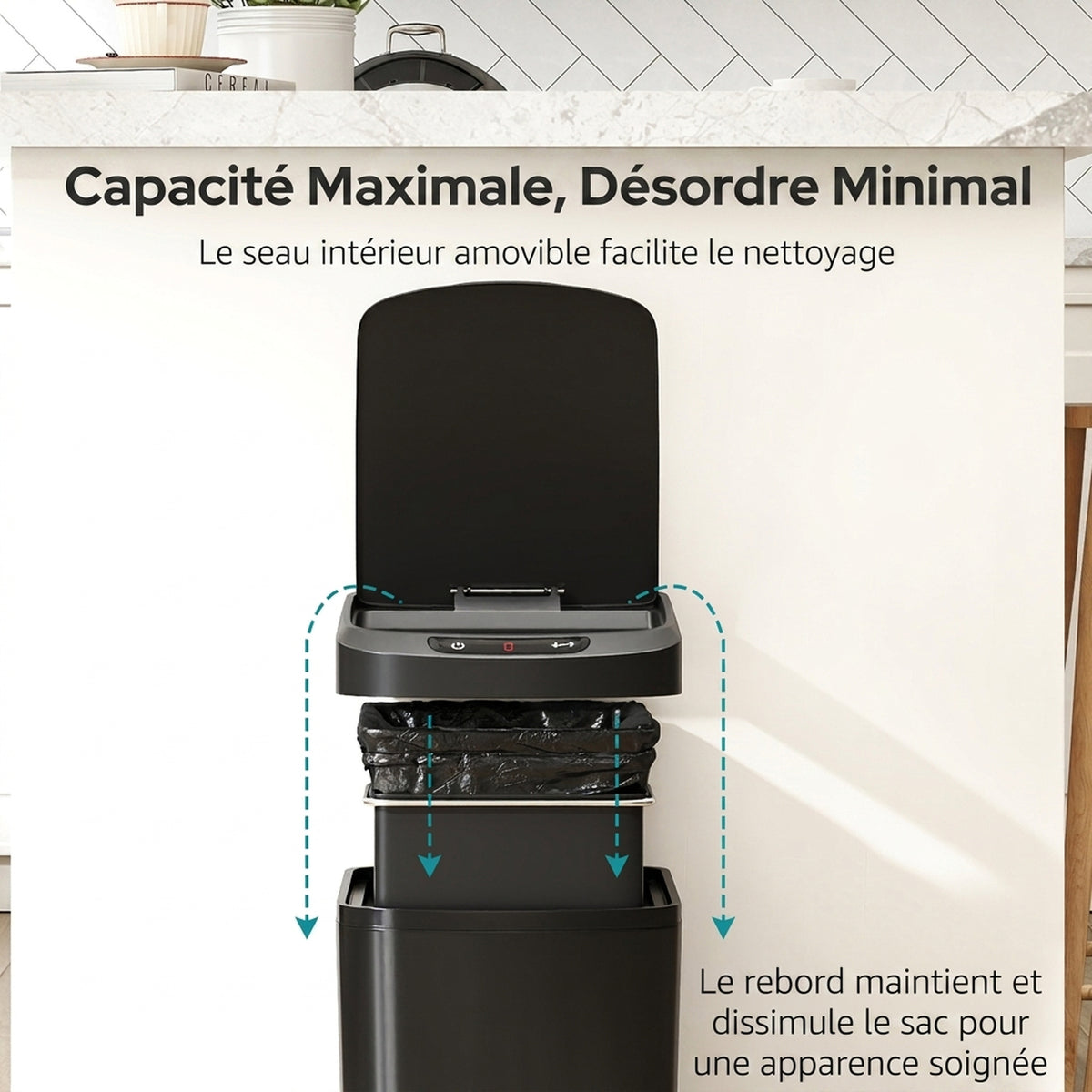Poubelle de Cuisine Automatique 12 L en Acier Inoxydable, Poubelle à Capteur avec Couvercle, 28 x 22 x 41 cm, Noir-5
