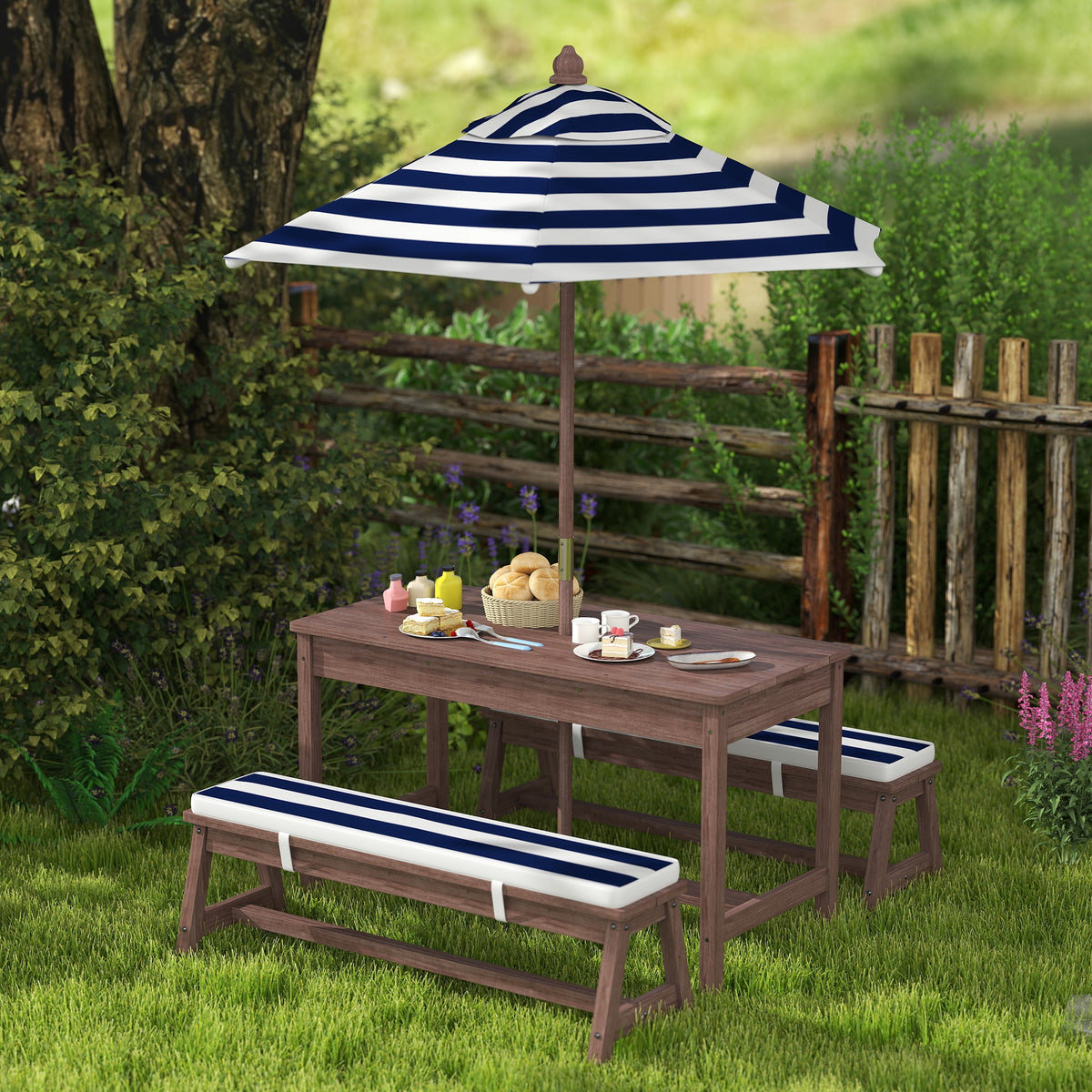 Ensemble salon de jardin extérieur enfant avec coussins et parasol amovible, rayé bleu marine et blanc-9