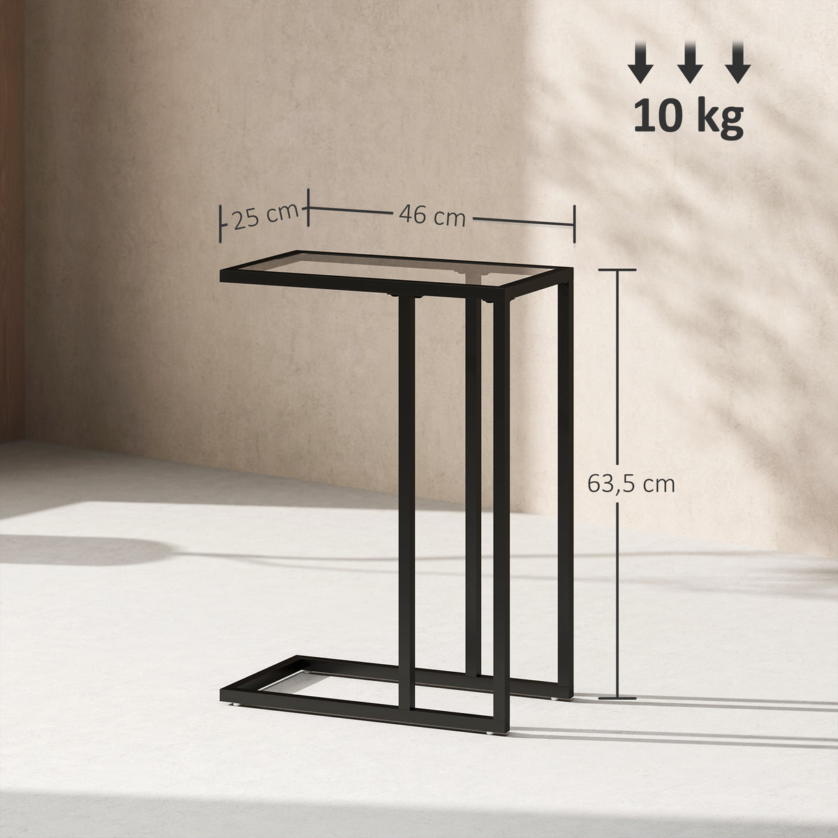 Table d'appoint en forme de C avec plateau en verre trempé, cadre en acier, noir-2