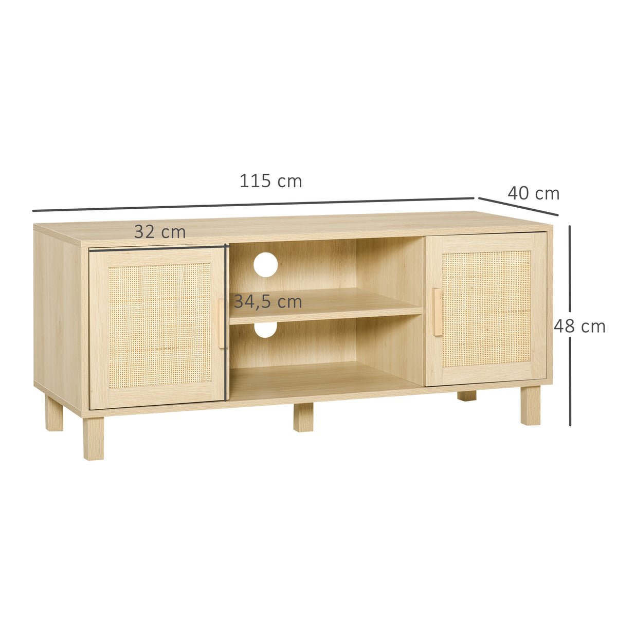 Meuble TV Banc TV 2 niches 2 placards Porte cannage en rotin dim. 115L x 40l x 48H cm MDF Aspect Bois Clair-2