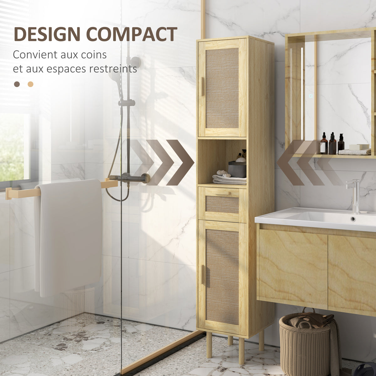 Meuble salle de bain colonne rangement salle de bain avec portes en rotin tiroir 2 placards 32 x 30 x 170 cm chêne-4