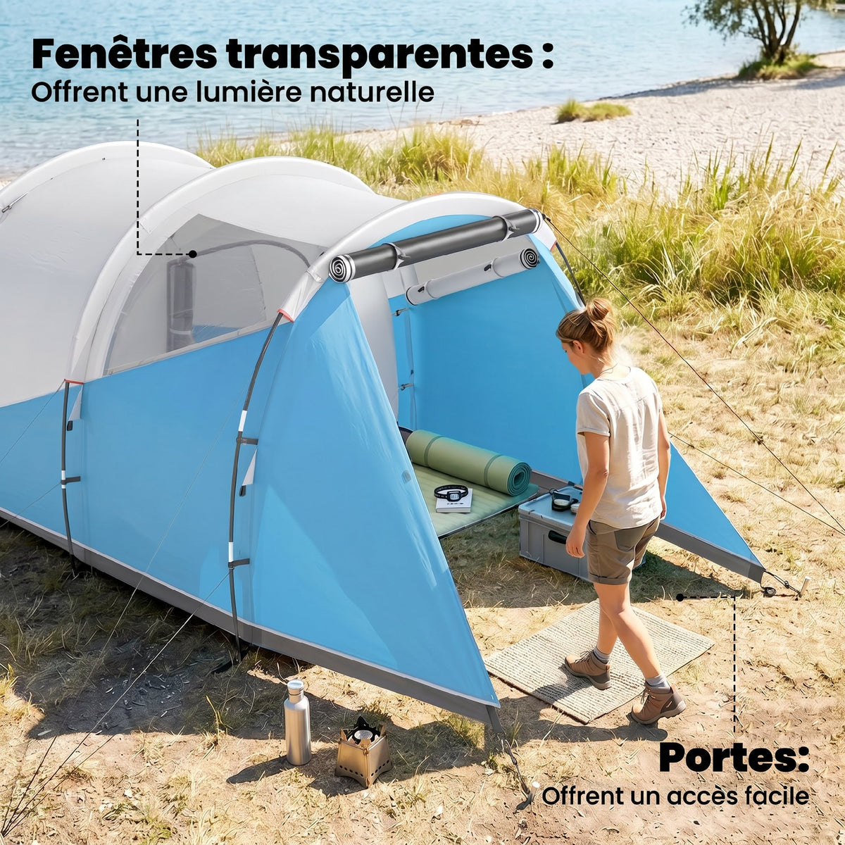 Tente de camping familiale 3 personnes, tente tunnel imperméable, 2 portes fenêtres, ventilée 4,6 x 2,6 x 1,9 m, bleu-6