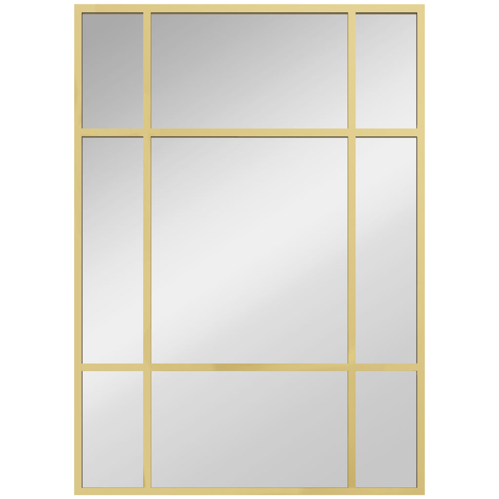 Miroir mural verrière rectangulaire style fenêtre, horizontal ou vertical avec 4 crochets, en métal doré - 50x70 cm-0
